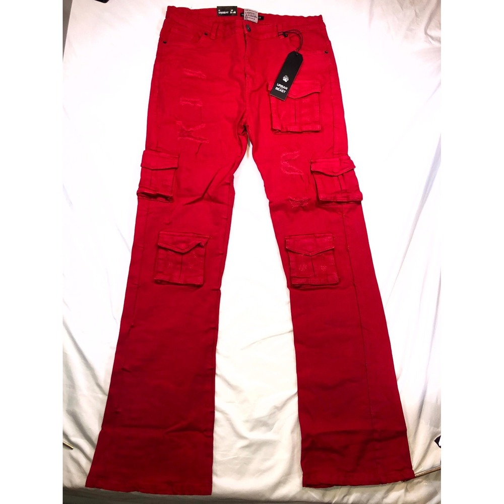 Urban Beast Mens Red Stacked Fit Cargo Pants 38x36 Distressed Stretch UB118T